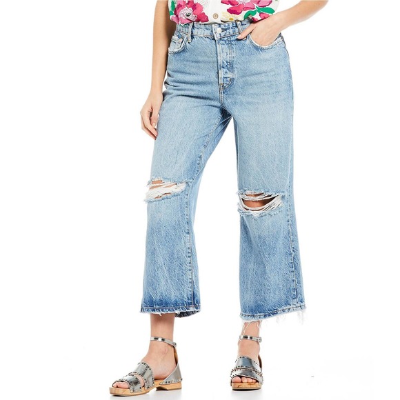 Free People Denim - Free People Ranger Denim Wide Leg Crop Jeans 29 Distressed Button Fly Cropped